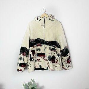 Vintage Oversized Size:Large Sherpa Winter Scene Full Zip Hooded Jacket